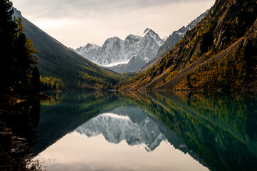 Shavlinskoye lake in Altai during the golden autumn, against the background of snow-capped mountains UNESCO heritage