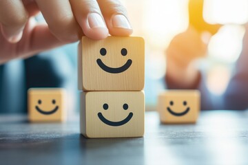 Customer satisfaction concept. Hand of a businessman chooses a smiling face on a wooden cube block. Customer services best excellent business rating experience. 