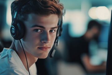Customer service representative, young man with headphones, working in modern office, call center concept