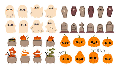 Fototapeta premium Halloween element set isolated. Ghost, pumpkin, cauldron, grave and coffin. For scrapbooking, card, sticker, poster