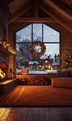 cozy warm home interior of a chic country chalet with a huge panoramic window overlooking the winter forest. open plan, wood decoration, warm colors and a family hearth.
