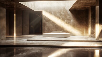 66. "A luxurious 3D render studio with rich materials and soft lighting, showcasing an empty pedestal for exclusive fashion pieces