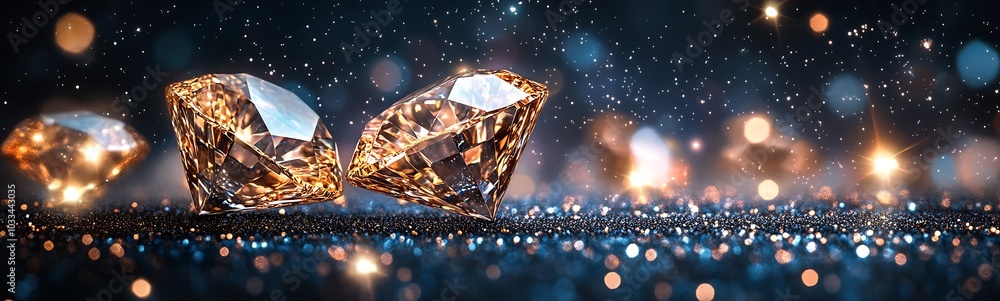 Poster Shimmering diamonds glisten in a dreamy setting, surrounded by sparkling lights and soft bokeh, creating a luxurious atmosphere.