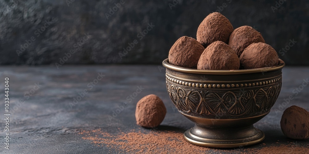 Poster chocolate truffles in an aged brass vase dusted with cocoa powder. copy space.