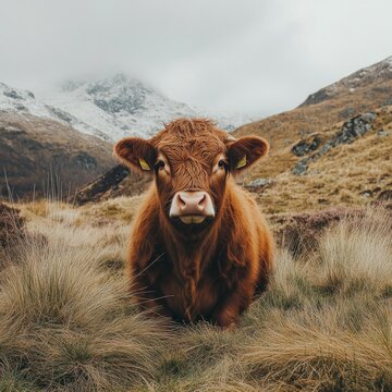 Majestic cachena cow with impressive horns standing in a green field against a forest backdrop.