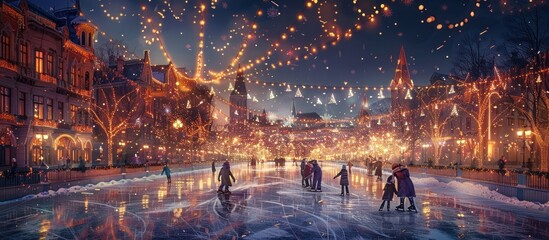 Fototapeta premium Idyllic winter night in a picturesque city center with cobblestone streets historic buildings and dazzling holiday lights creating a magical cozy atmosphere perfect for a festive or romantic stroll