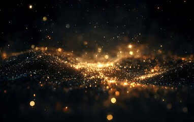 A mesmerizing scene of shimmering golden particles creating a dynamic wave effect against a dark backdrop, evoking a sense of depth and wonder.