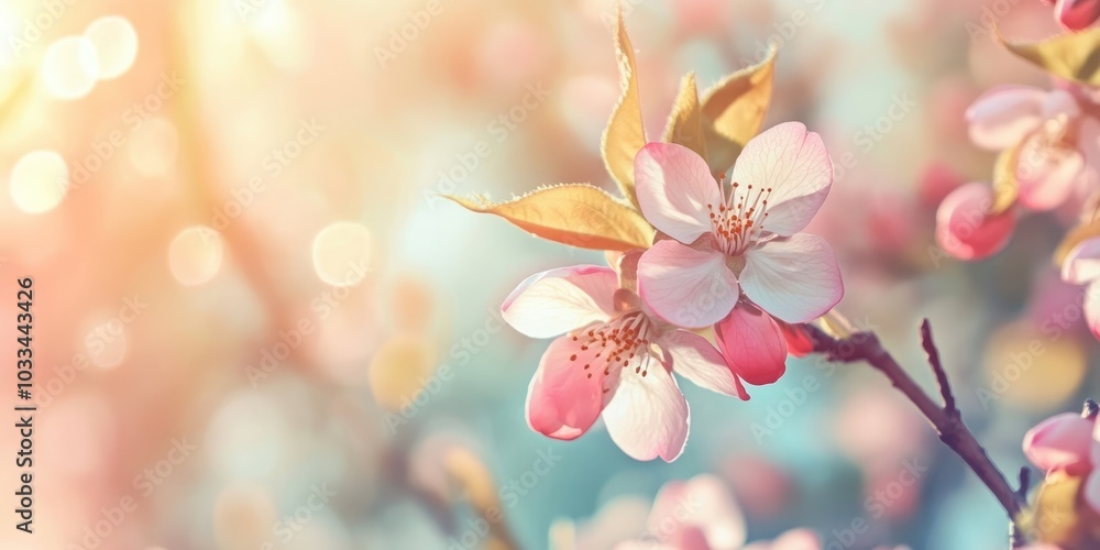 Aufkleber Spring blossom orchard. Abstract blurred backdrop. Soft colors with a toned effect. Copyspace with a border.