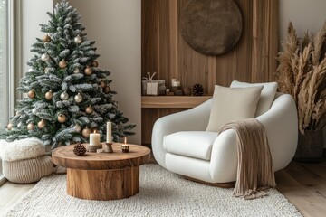 Christmas composition of warm living room interior with christmas tree, balls, gifts, wooden coffee table, white armchair, candle, wooden consola and personal accessories. Home decor, Generative AI