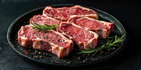 Fototapeta premium Raw fresh marbled meat with steaks and rosemary on a dark background.