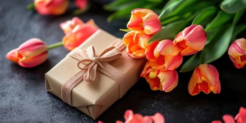 Tulips and a gift box on the surface.