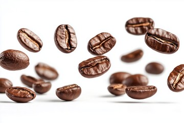 Flying or falling roasted brown caffeine coffee beans in the air isolated on a white background. Arabian or aroma beans for hot drinks for cafe advertising, package design 