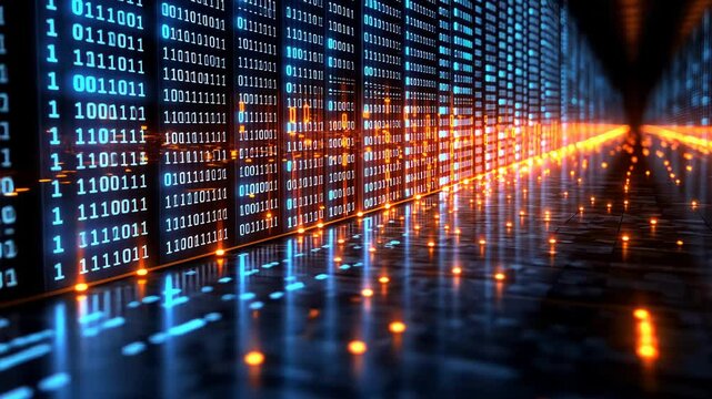 Discover the captivating representation of digital data illuminated by glowing binary sequences in a dynamic setting during the evening hours