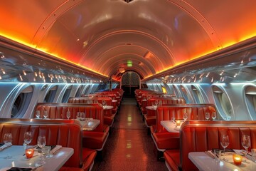 Fototapeta premium Empty interior of a luxurious restaurant designed inside the cabin of an airplane