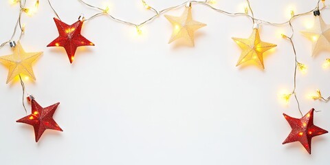 Christmas frame featuring star-shaped light garlands on a white background with copy space. Flat lay, top view. Xmas greeting card.