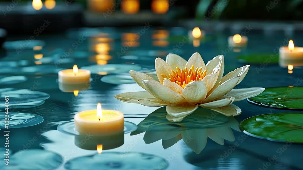 Poster enjoy the tranquil atmosphere of a peaceful pond illuminated by soft candlelight and highlighted by 