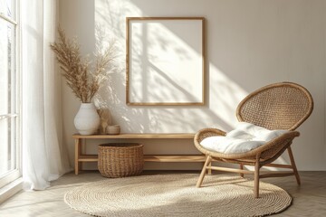 Minimalistic composition of sitting room interior with white mock up frame, wooden shelf, retro...