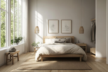 Peaceful Scandinavian Bedroom with Light Wood and Minimal Clutter  