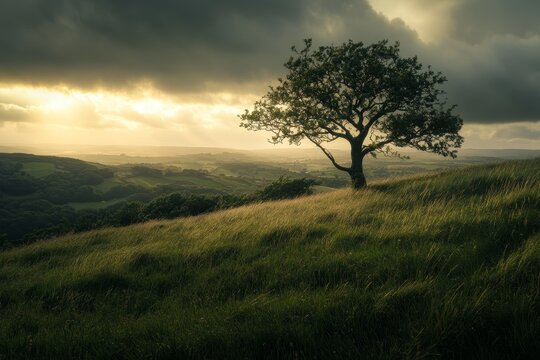 A lone tree stands on a grassy hilltop, silhouetted against a dramatic sunset sky.