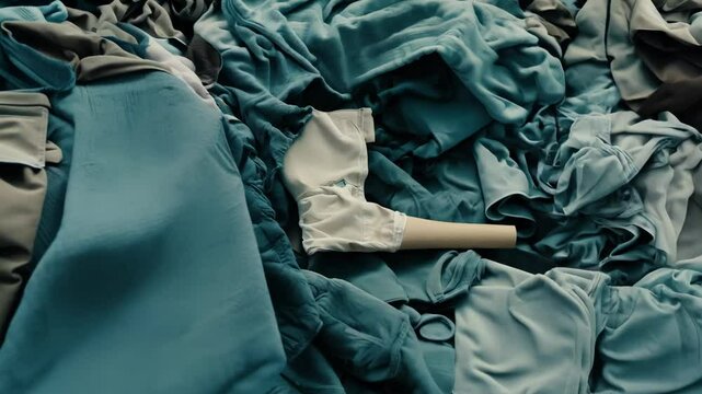 Exploring a mountain of discarded clothing at a textile recycling facility in the city