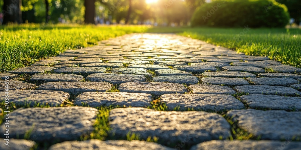 Poster Cobblestone walkway in the park with some green grass nearby. Empty copy space for Editor's text. Sunlight.