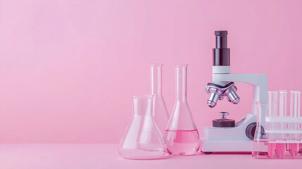 A close-up photo of laboratory glassware and a microscope on a pink background.