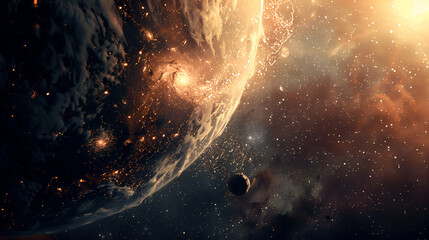 Fototapeta premium A vibrant planet in space surrounded by the sun and a swirling galaxy.