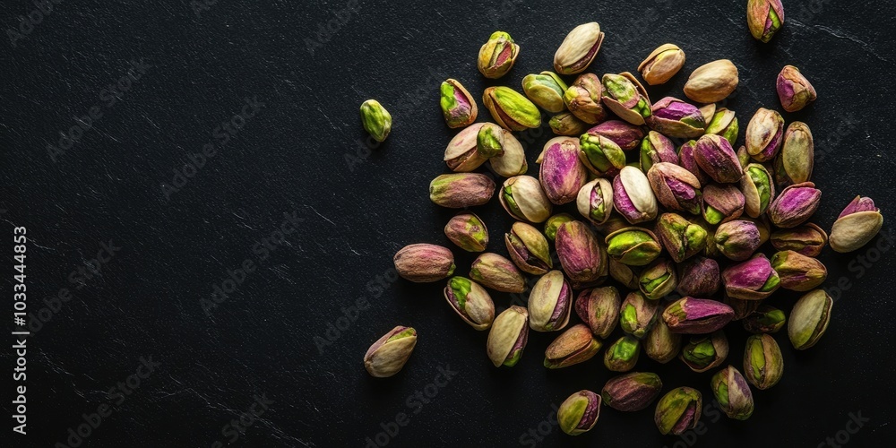 Poster a pile of pistachios in their shells isolated on a black background with copyspace. top view of raw 