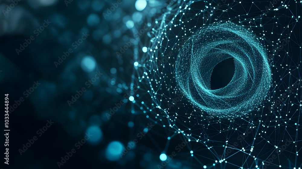 Poster a glowing blue abstract sphere with connected points and lines.