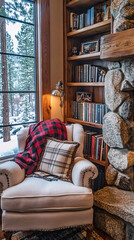 cozy warm home interior of a chic country chalet with a huge panoramic window overlooking the winter forest. open plan, wood decoration, warm colors and a family hearth.
