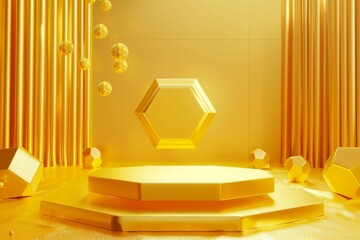 Gold hexagon cube, Golden diamond pedestal podium in the gold room. Concept scene yellow stage showcase, product, promotion sale, banner, presentation, cosmetic. 3D rendering