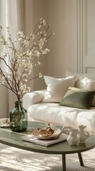 Creative composition of spring living room interior with boucle sofa, stylish coffee table, green stand, glass vase with flowering branches and personal accessories. Home decor, Generative AI