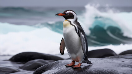 Naklejka premium Penguin standing on a rock by the sea
