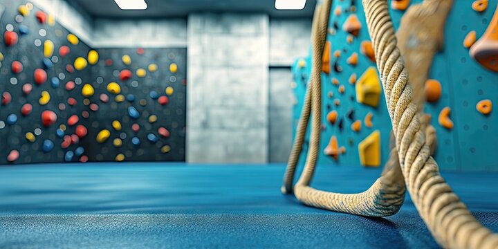 Climbing rope and a vibrant wall with holds in a gym, area for text.