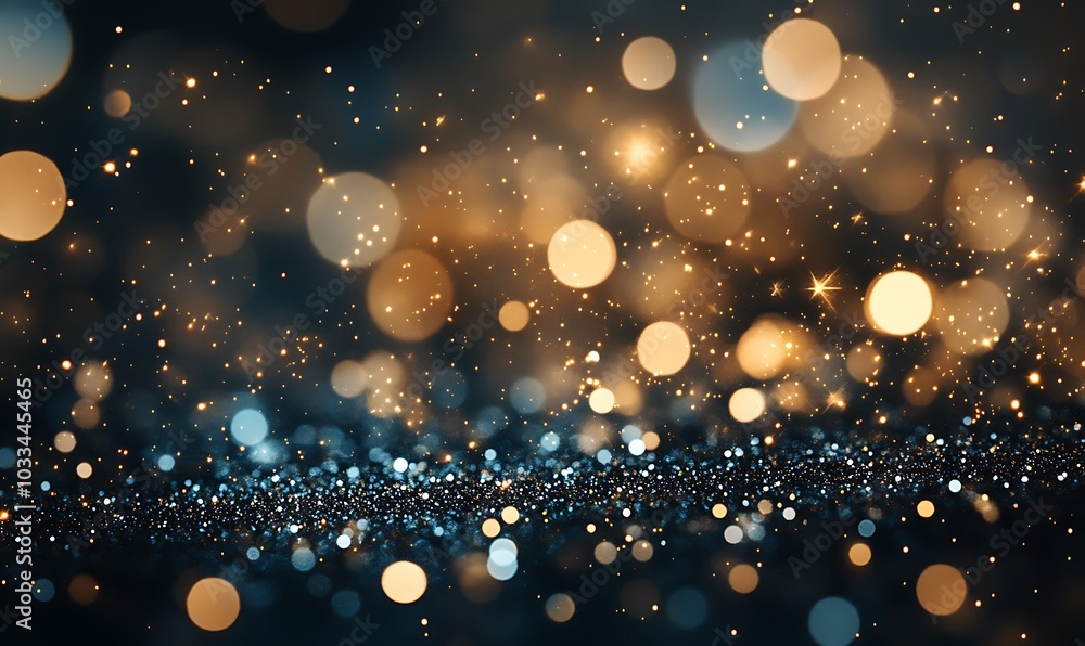 Poster a shimmering background filled with sparkling bokeh lights in gold and blue hues, creating a magical