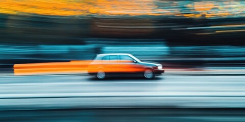 Obraz premium A car traveling on a road, blurred by its rapid movement.
