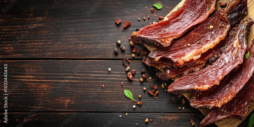Poster slices of dried and smoked meat on a wooden table. top view. copy space.