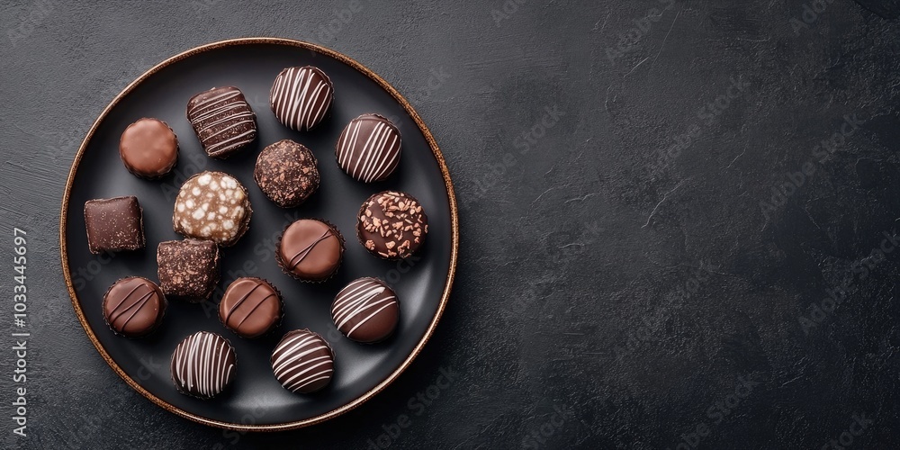 Poster chocolate candies on a plate against a black background with copy space. flat lay, top view.