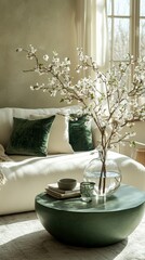Creative composition of spring living room interior with boucle sofa, stylish coffee table, green stand, glass vase with flowering branches and personal accessories. Home decor, Generative AI