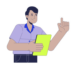 Administrator supervisor indian man holding clipboard finger up 2D cartoon character. South asian male inspector pointing up isolated person flat vector on white background. Spot illustration colorful
