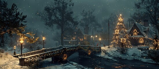 Fototapeta premium Enchanting snowy winter night in a traditional Christmas town with an illuminated bridge over a frozen river glowing lights adorning the trees and buildings