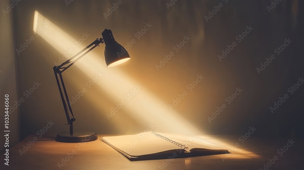 Aufkleber an open book on a desk with a lamp illuminating it, casting a beam of light.