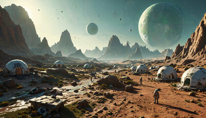 Obraz premium Colonies humaines sur une planète extraterrestre
