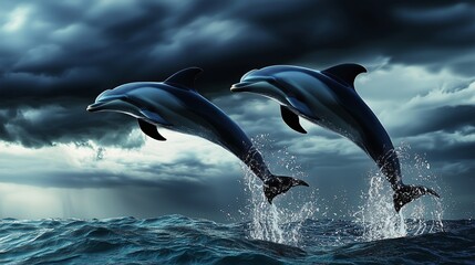 Dolphins Playfully Jumping in a Dramatic Ocean Scene