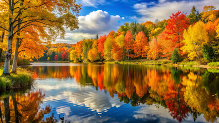serene lakeside setting surrounded by vibrant autumn foliage reflects beautifully in calm water, creating picturesque scene of natures tranquility