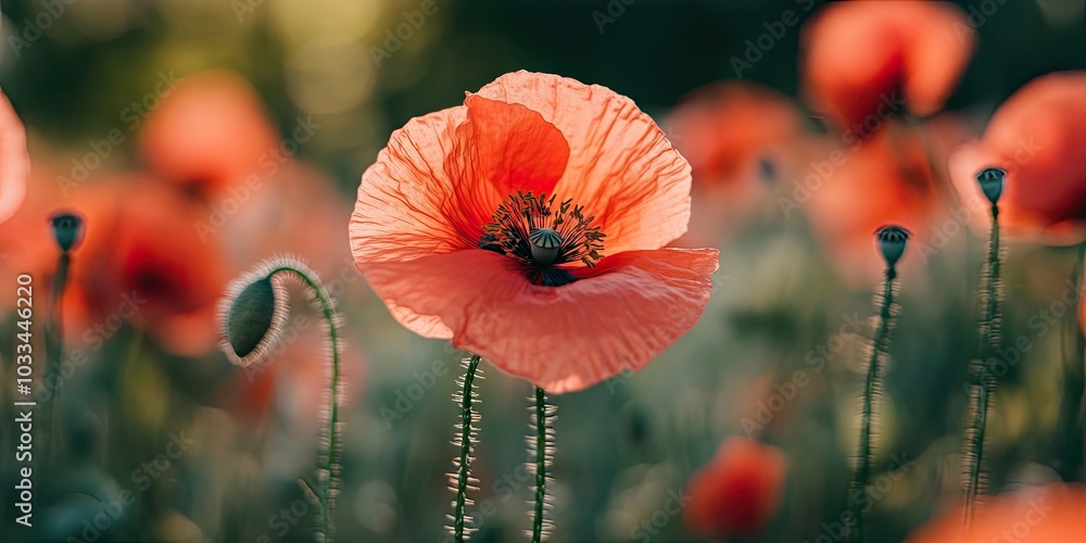 Poster a close-up of a lovely red poppy flower in a field. spring backdrop. area for text.