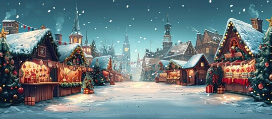 Snowy winter night in a charming Christmas market town with traditional houses festive twinkling lights lining the cobblestone streets