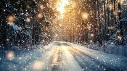 Snow covered road in the forest illuminated by the sun