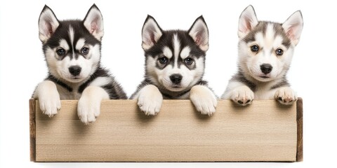 Obraz premium Three Siberian Husky puppies in a storage box against a white background, isolated.