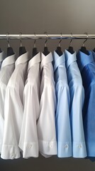 A variety of white and blue dress shirts are arranged in rows, from left to right